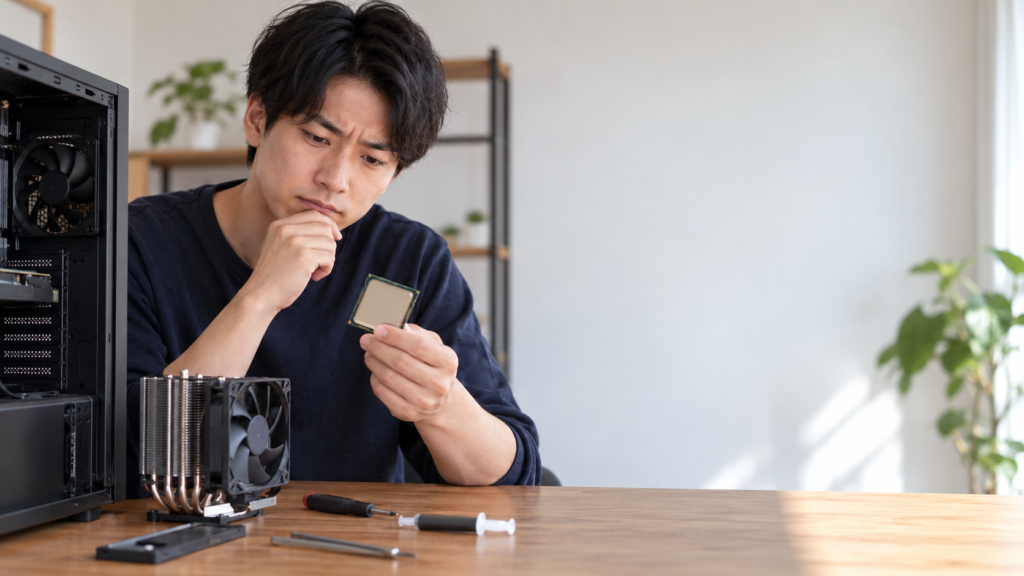 取り外したCPUを手に持ち、CPUクーラーやグリス用シリンジが並ぶ作業机で表面を確認する男性