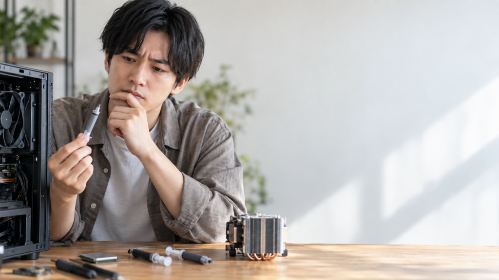 CPUグリス用シリンジを手に取り、取り外したCPUとCPUクーラーを前に塗布前の状態を確認する男性