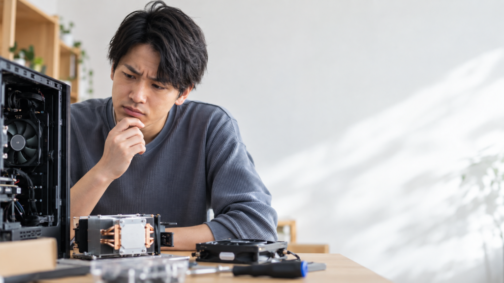 CPUクーラーと冷却ファンを取り外したPCを前に、冷却部品や工具の状態を確認する男性