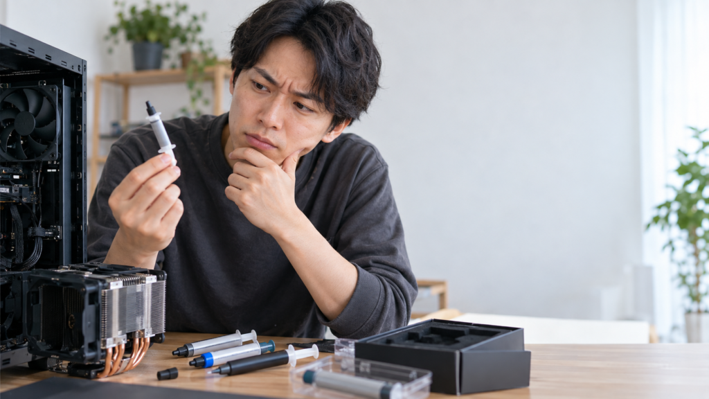 複数のCPUグリスと取り外したCPUクーラーを前に、グリス用シリンジを手に取って確認する男性