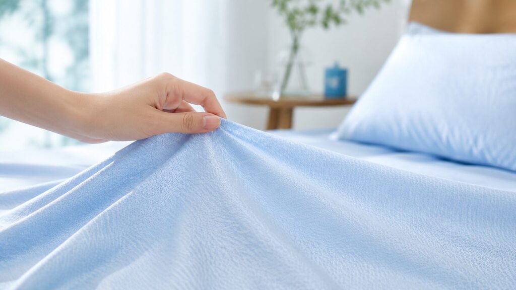 水色の冷感シーツを指先で持ち上げ、細かな生地の織り目と薄さを示す手元