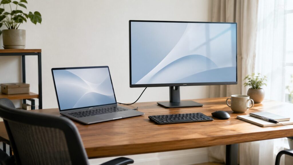 ノートPCと外部モニターを一本のケーブルで接続し、配線を抑えた明るい在宅ワーク用デスク
