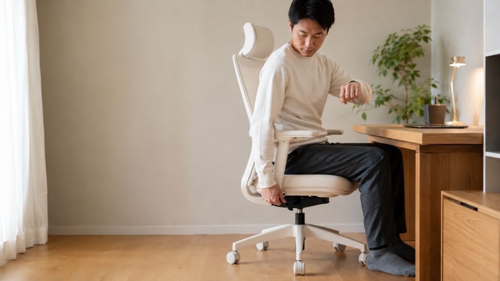アイボリー系のワークチェアに座り、座面下のレバーを操作してデスクに合う高さへ調整する男性