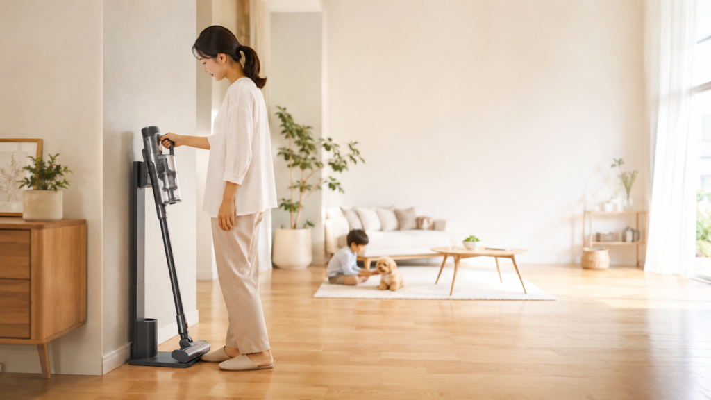 明るいリビングでコードレス掃除機を充電ドックへ戻し、子どもと犬が過ごす家庭の室内