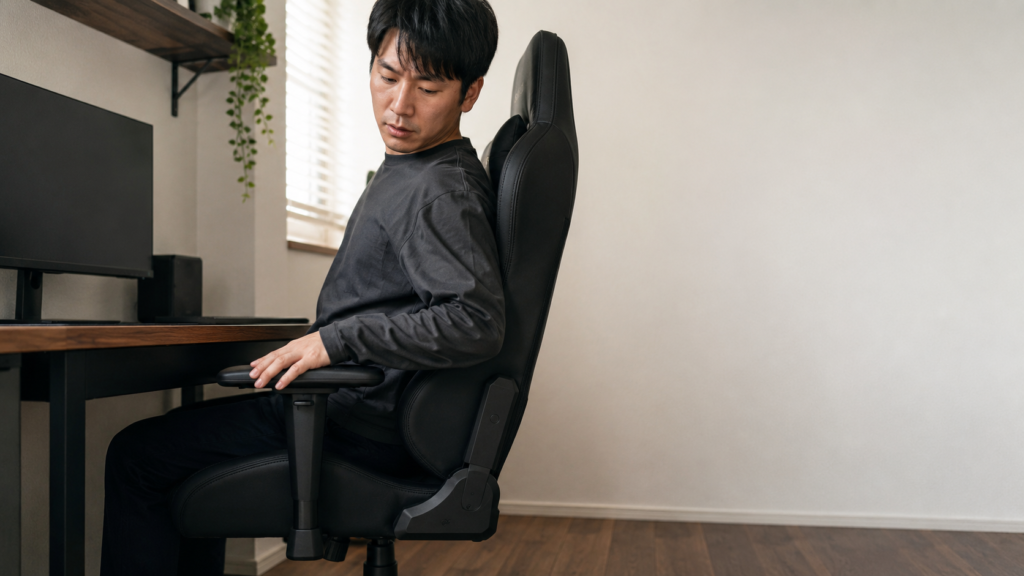 デスク下に収めようとした黒いワークチェアの肘掛けと天板の高さを確認する男性