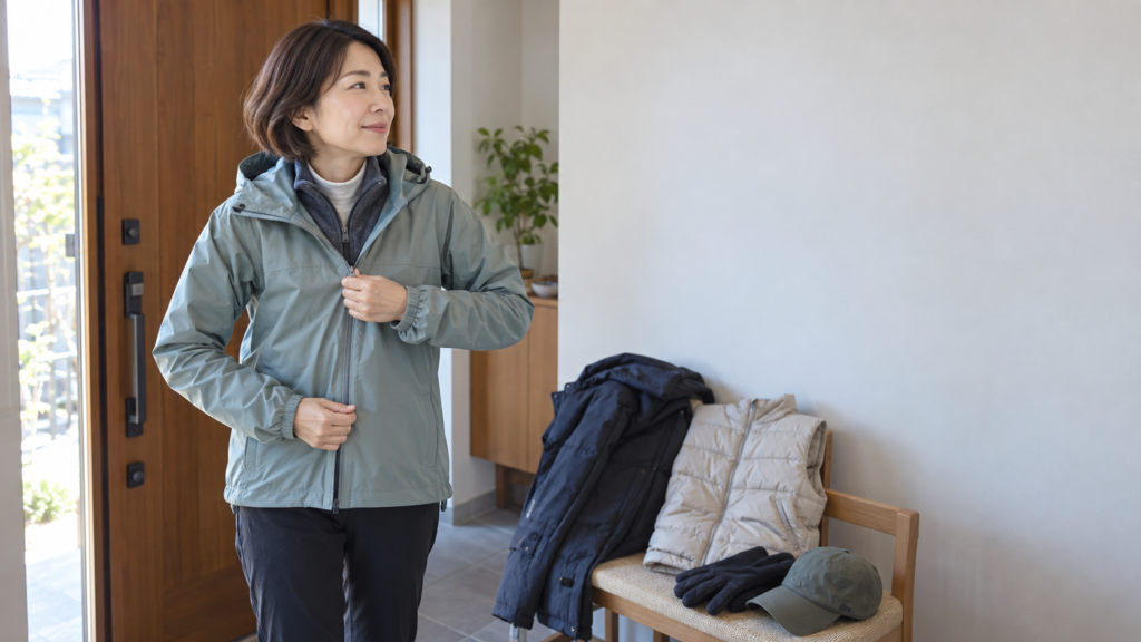 玄関で薄手のインナーと中間着の上にフード付きジャケットを重ね、外出前に着こなしを整える女性