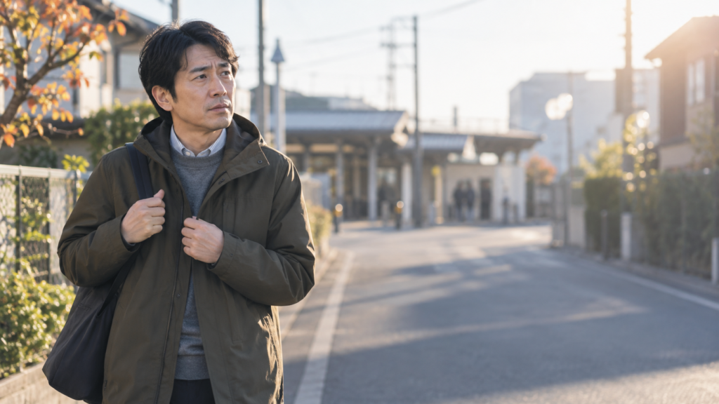 秋の朝、薄手のアウターを着て駅へ向かう道で、肩掛けバッグを持ち襟元を整える男性