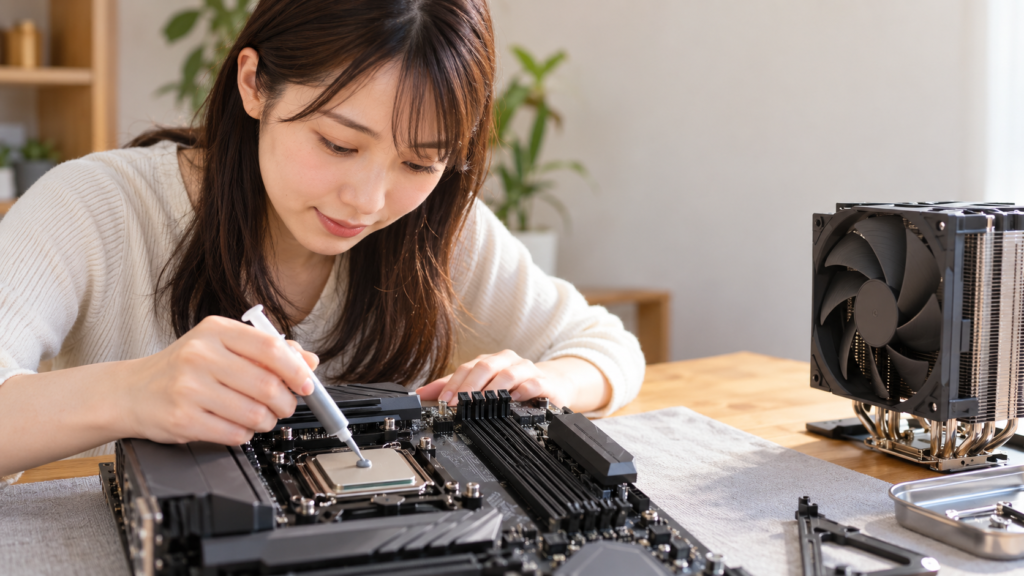マザーボード上のCPU中央へグリスを少量ずつ塗布し、空冷クーラーの取り付け準備をする女性