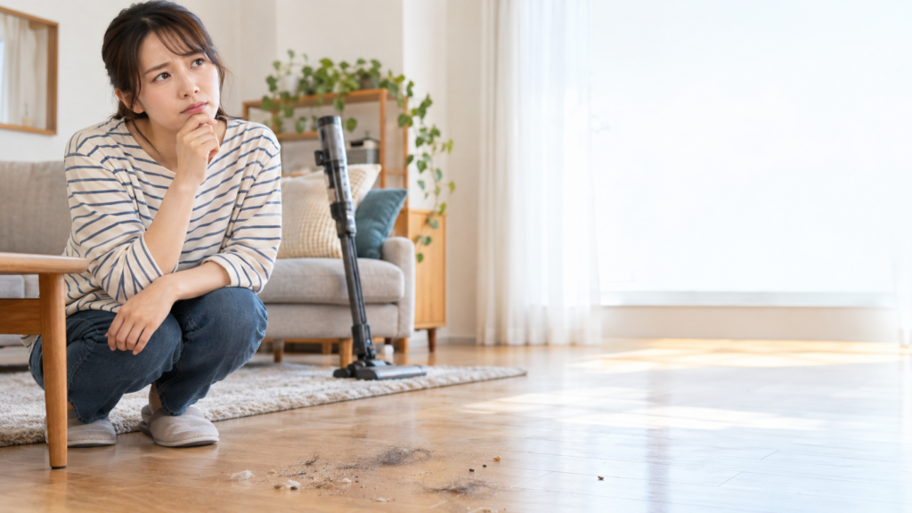 コードレス掃除機のそばで、フローリングに残った髪の毛や細かなゴミを見つめる女