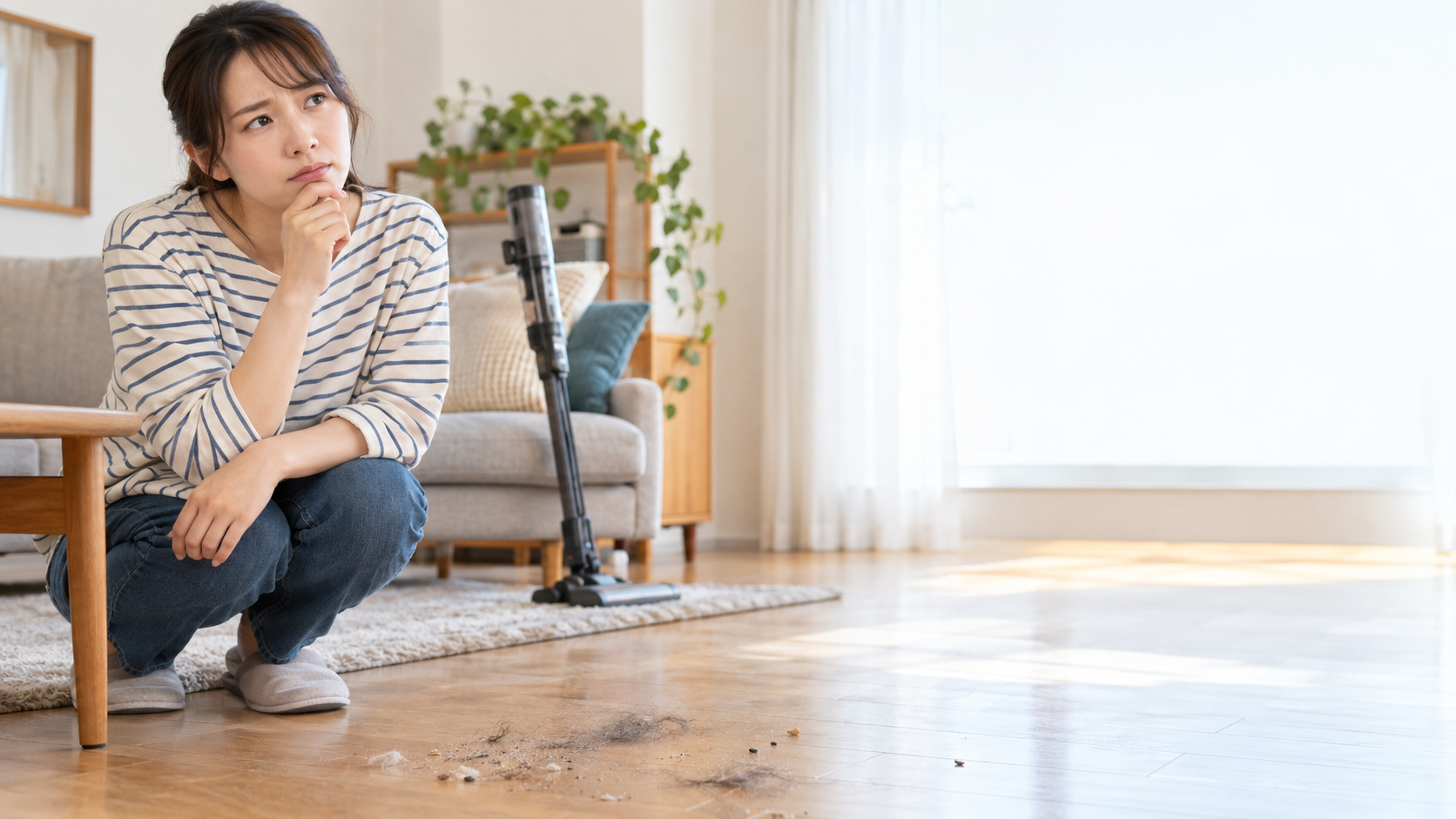 コードレス掃除機のそばで、フローリングに残った髪の毛や細かなゴミを見つめる女