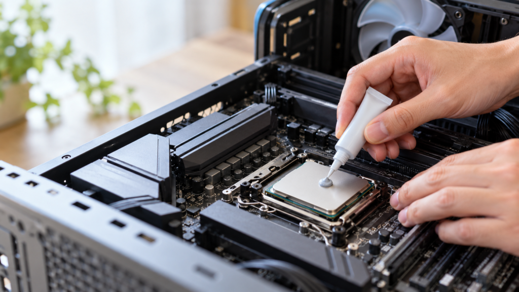 PCケース内のCPU中央へ、無地のチューブから少量のCPUグリスを点状に塗布している手元