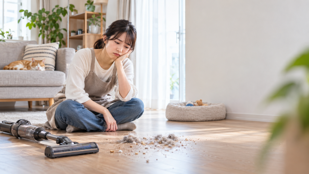 猫のいるリビングで、床にたまったペットの毛や細かなゴミとコードレス掃除機を前に座る女