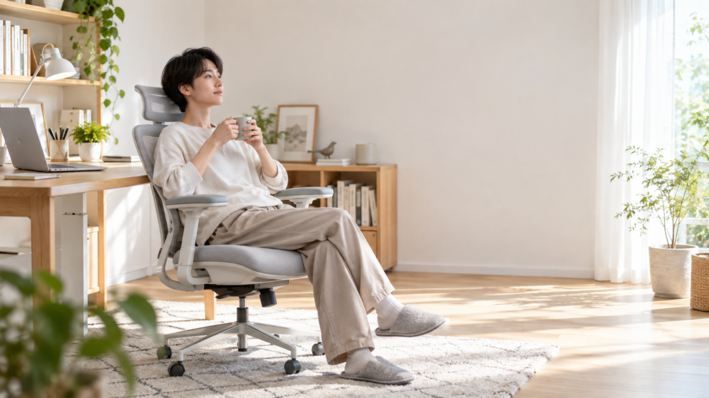 明るいホームオフィスで淡いグレーのチェアに腰掛け、カップを手に休憩する男性