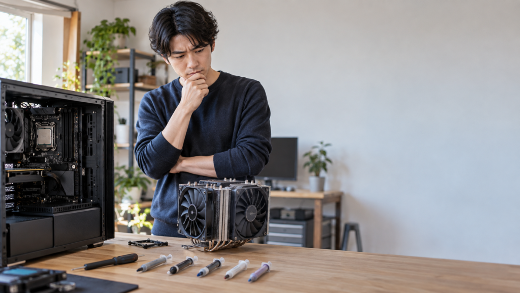 開いたPCケースのCPU周辺と大型空冷クーラー、複数のCPUグリスを前に冷却構成を検討する男性
