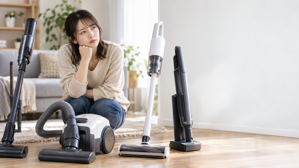 コードレススティック掃除機とキャニスター式を並べ、集じん部やヘッド形状の違いを見比べる女性