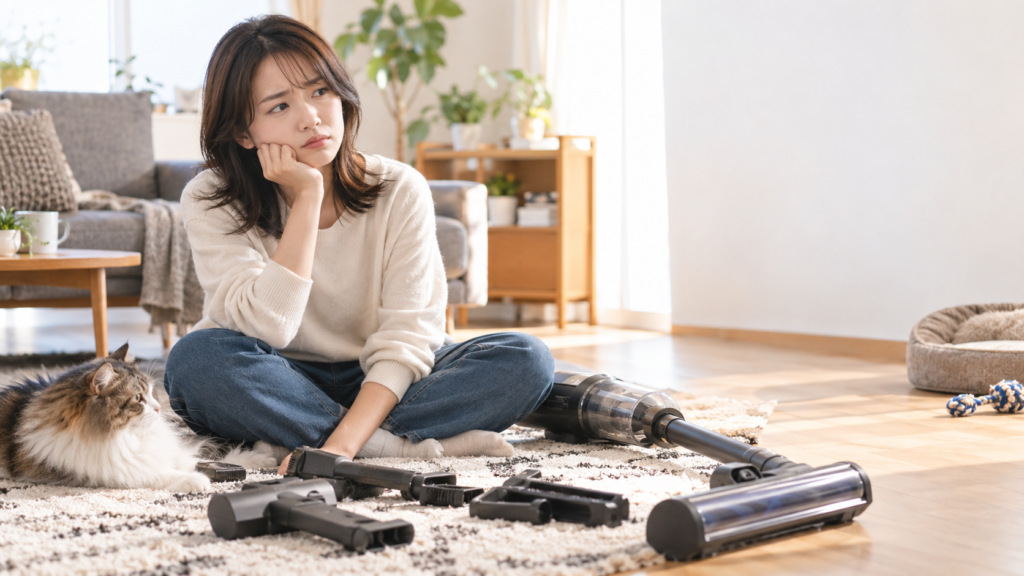 猫のそばでコードレス掃除機本体と複数のノズルを床に広げ、使い分けを考える女性