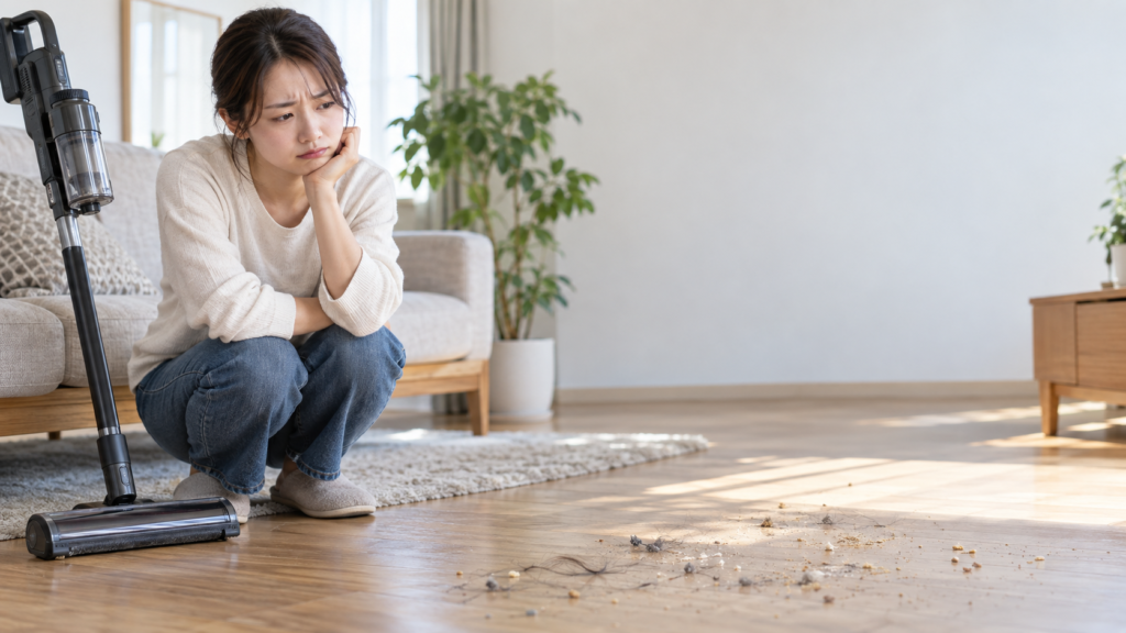 立てたコードレス掃除機の横で、フローリングに散らばった髪の毛やゴミを確認する女性