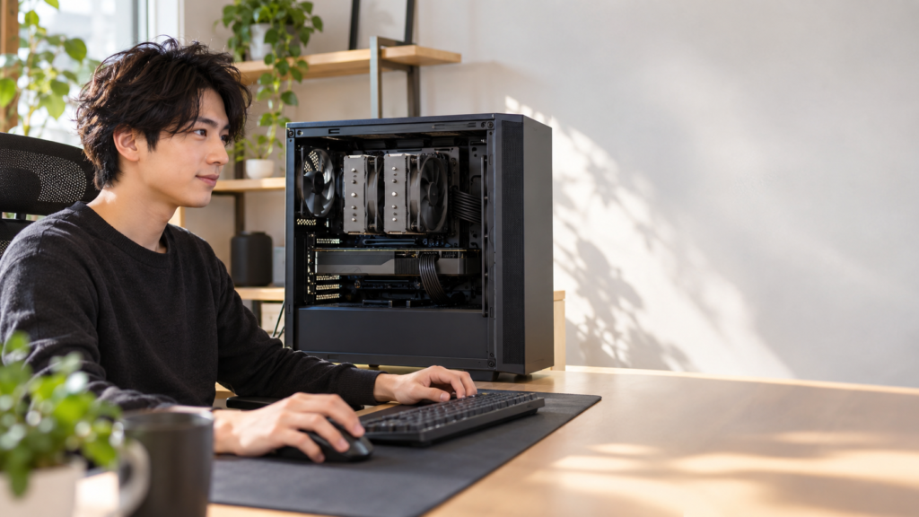 デュアルタワー型空冷クーラーを組み込んだ自作PCをデスクで操作し、組み立て後の状態を確認する男性