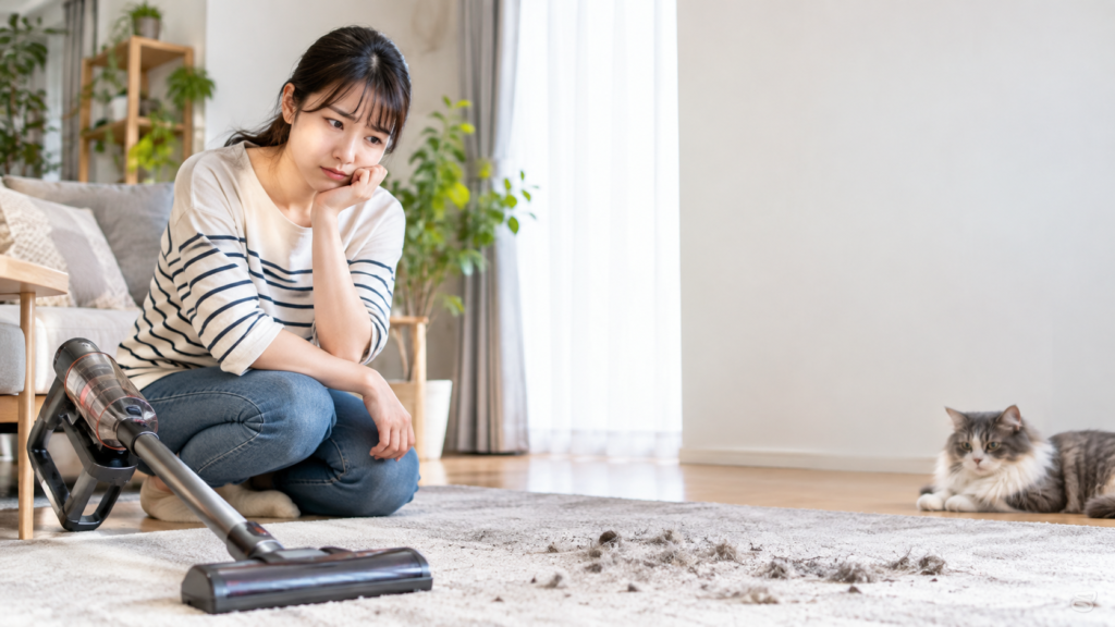 コードレス掃除機の前でラグに残ったペットの毛を見つめる女性と、そばで横になる