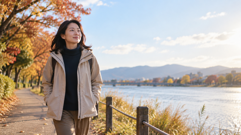 紅葉した川沿いの遊歩道を、薄手のアウターを着て穏やかな日差しの中を歩く女性