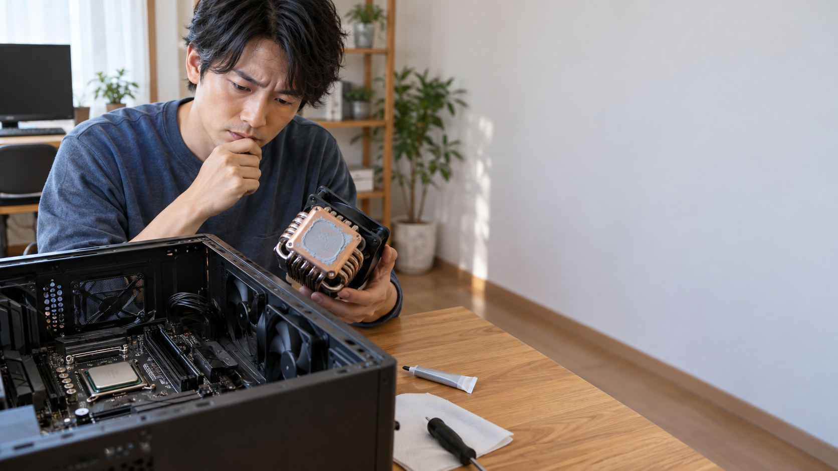 開いたPCケースの横で、CPUクーラー裏面に残ったグリスを確認しながら交換方法を検討する男性