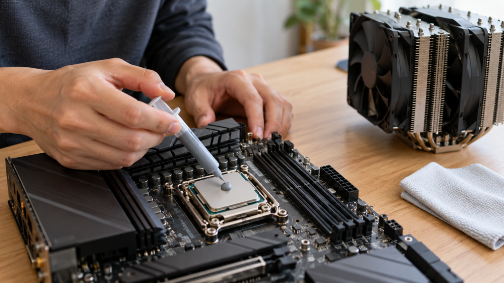 マザーボード上のCPU中央へシリンジからグリスを一点盛りし、大型空冷クーラーを取り付ける前の作業