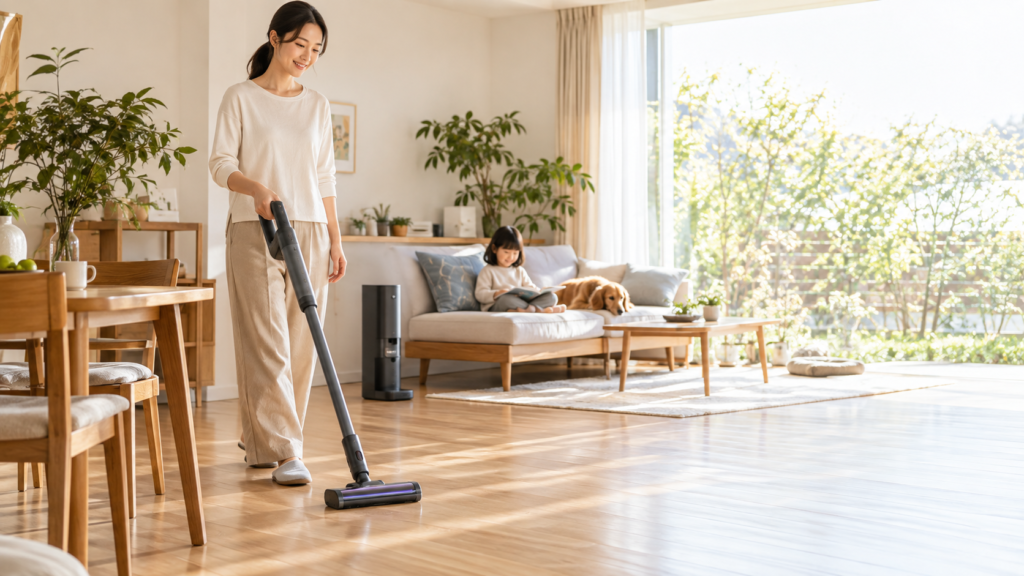 子どもと犬がくつろぐ明るいリビングで、コードレス掃除機を使って床を掃除する女性