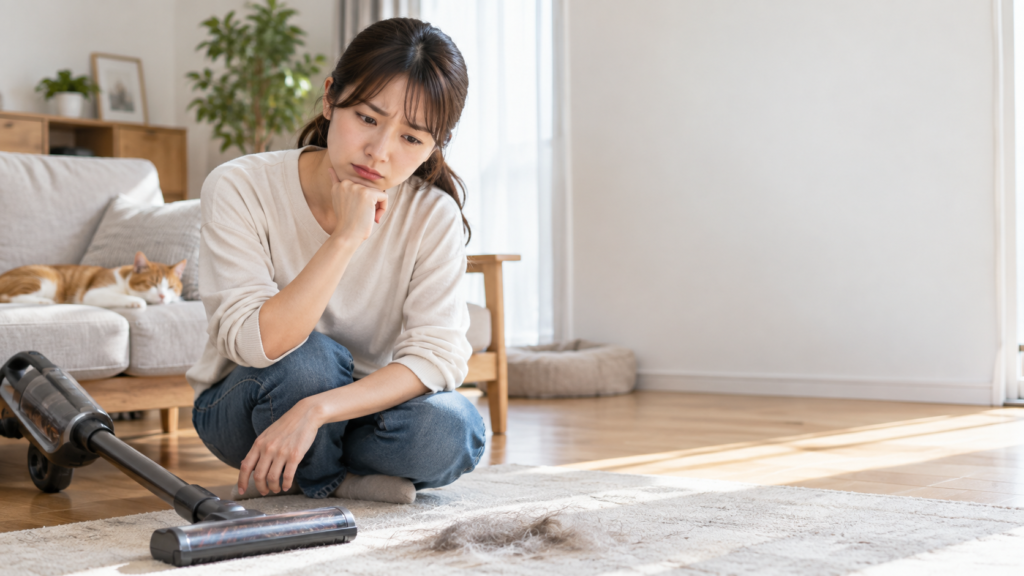 コードレス掃除機のヘッド付近に残るペットの毛を確認する女性と、ソファで休む猫