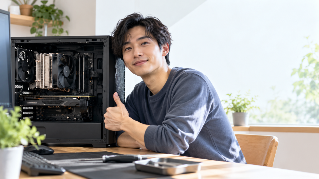 CPUクーラーを取り付けたデスクトップPCの内部を開いた状態で、組み立て後の構成を確認する男性