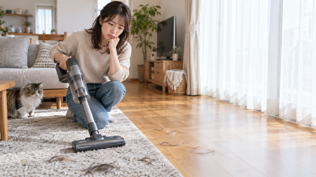 猫の毛や髪の毛が残るラグの前で、コードレス掃除機を手に床の状態を確認する女性
