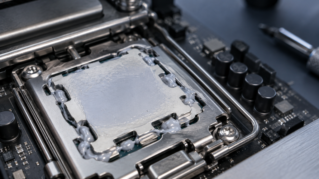 AM5形状のCPU周囲にはみ出したグリスが切り欠き部分へ入り込んでいるマザーボードの接写
