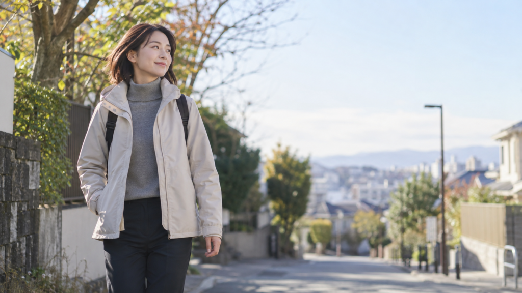 初冬の住宅街で軽量なフード付きアウターとリュックを身につけ、屋外を歩く女性
