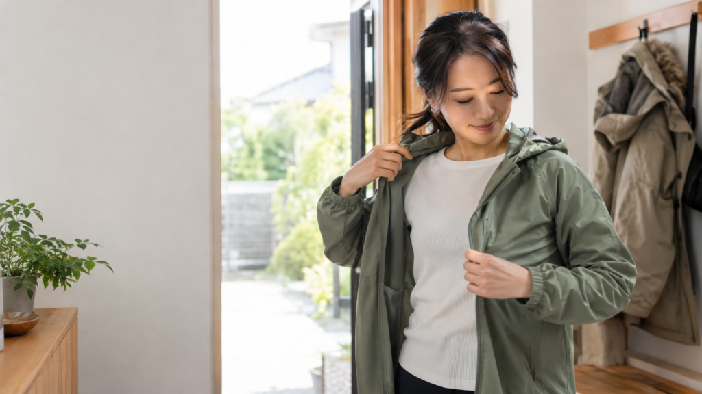 玄関で薄手のフード付きジャケットに着替え、外出前に襟元と前合わせを整える女性