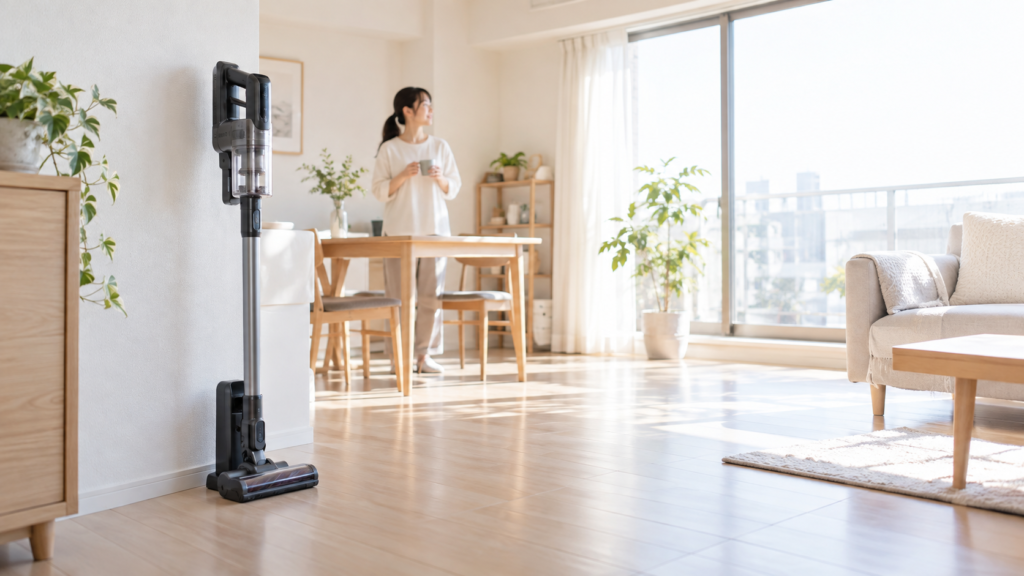 明るく整ったフローリングの部屋で、コードレス掃除機が壁際に収納され、奥で住人がマグカップを持つ