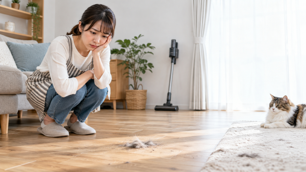 フローリングにたまったペットの毛を前にしゃがむ女性と、奥のコードレス掃除機、ラグ上の猫