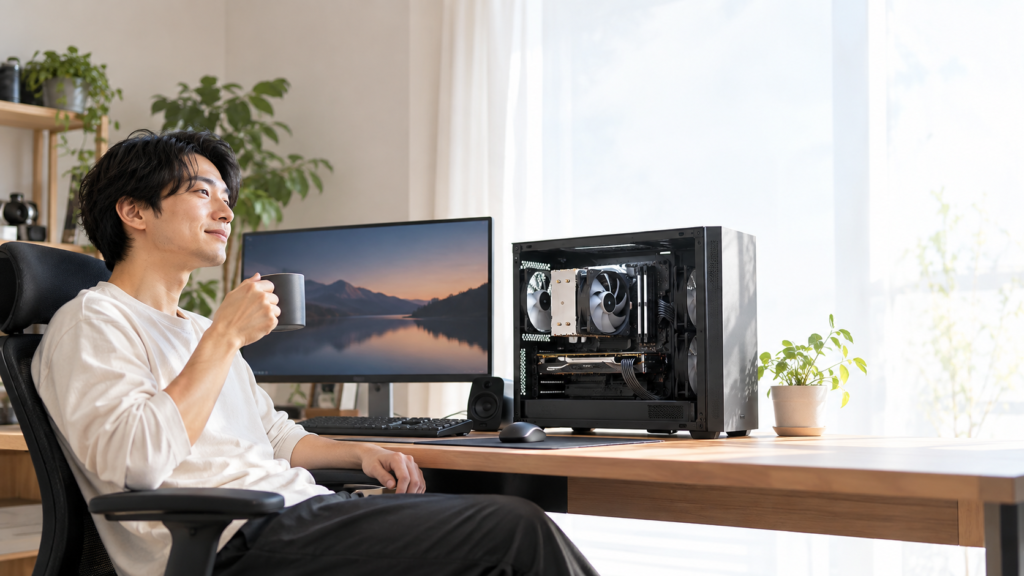 大型空冷クーラーを組み込んだ自作PCとモニターを前に、完成したデスク環境を確認する男性