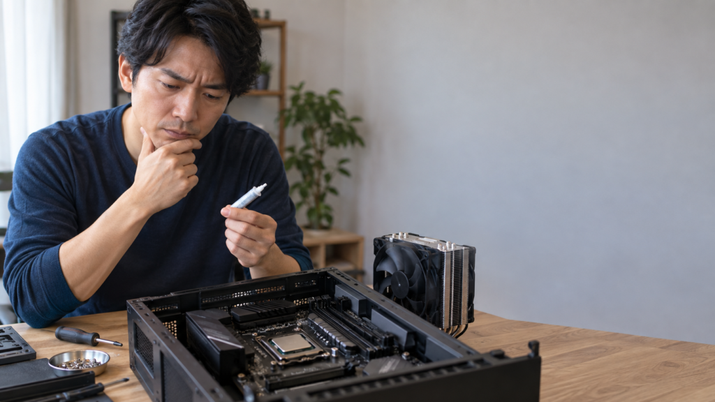 自作PCの組み立て中、CPUグリスのチューブを手にマザーボードと空冷クーラーを見比べる男性