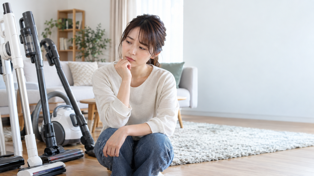 リビングで複数のコードレススティック掃除機とキャニスター式を前に選択肢を見比べる女性