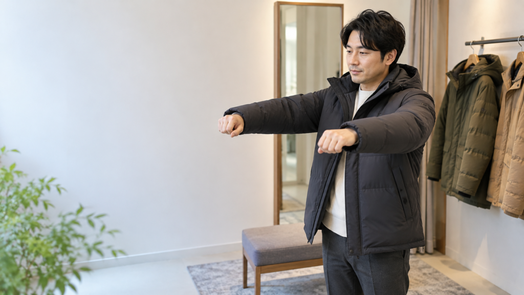 冬用の中綿ジャケットを試着し、両腕を前に伸ばして肩や袖の動かしやすさを確認する男性