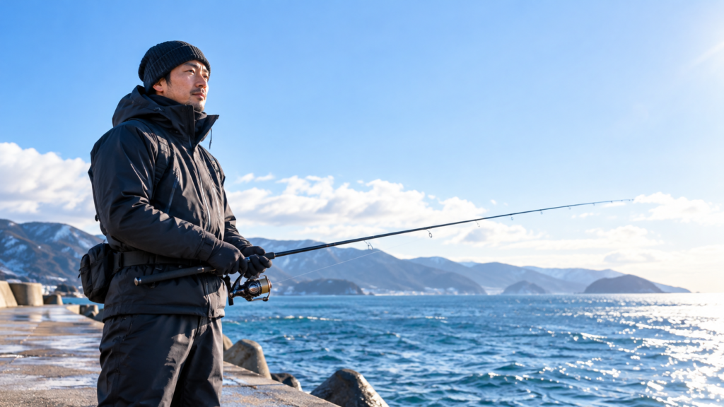 冬の海沿いの堤防で、防寒ジャケットと手袋を着用し、釣り竿を構えて海に向かう男性