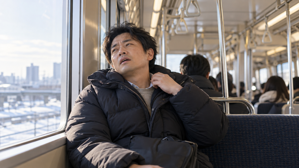 冬の通勤電車内で、厚手のダウンジャケットの襟元を緩める男性と、窓の外に広がる雪景色